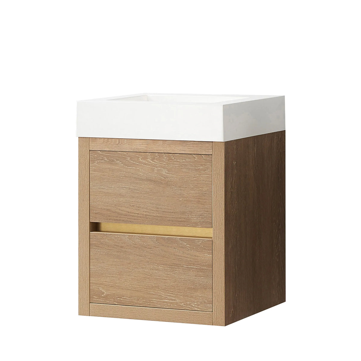 Wall-mount North American Oak 18 inch single bathroom vanity with white integrated rectangular sink top, shown on white