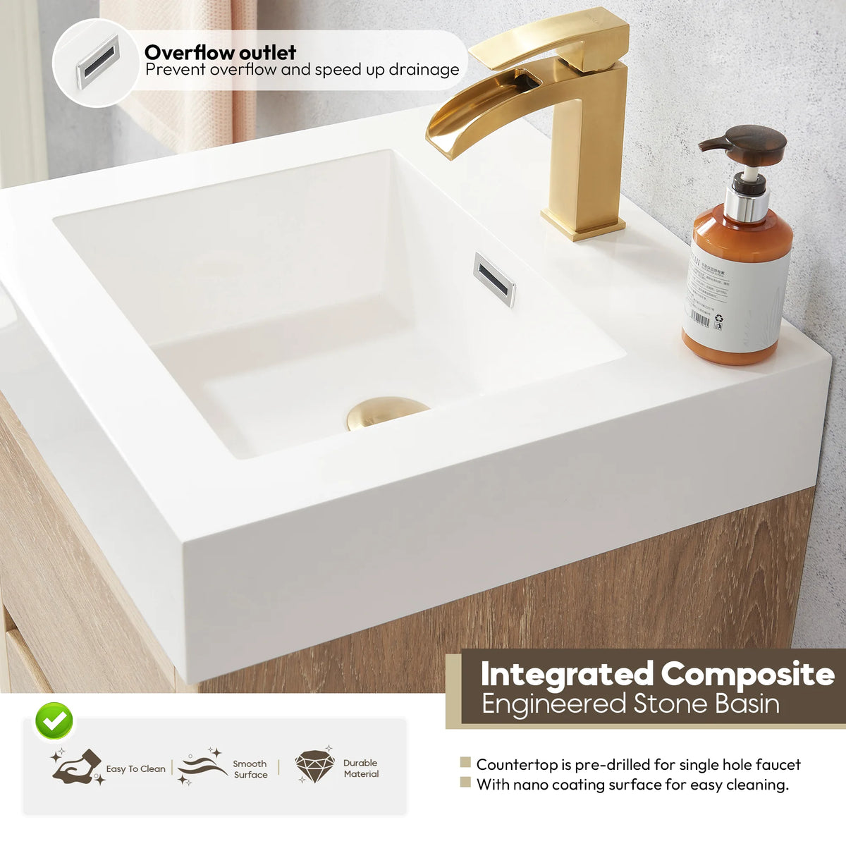 Callout on the integrated composite sink with overflow, shown with a gold faucet