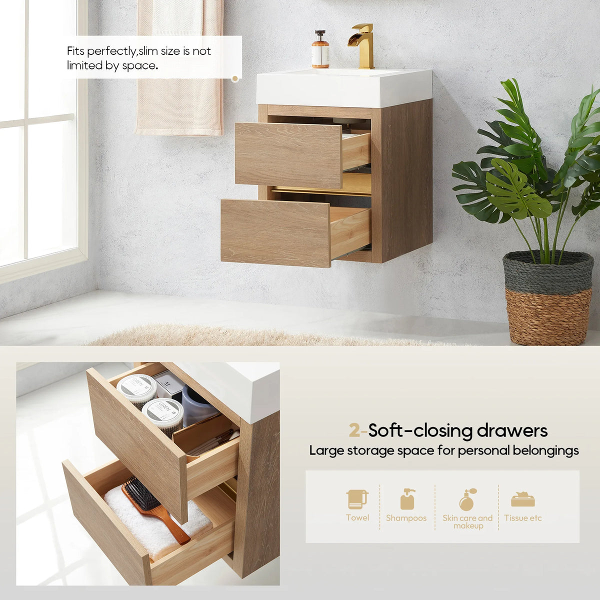Soft-close drawer callout beside a view of the open drawers on the compact vanity