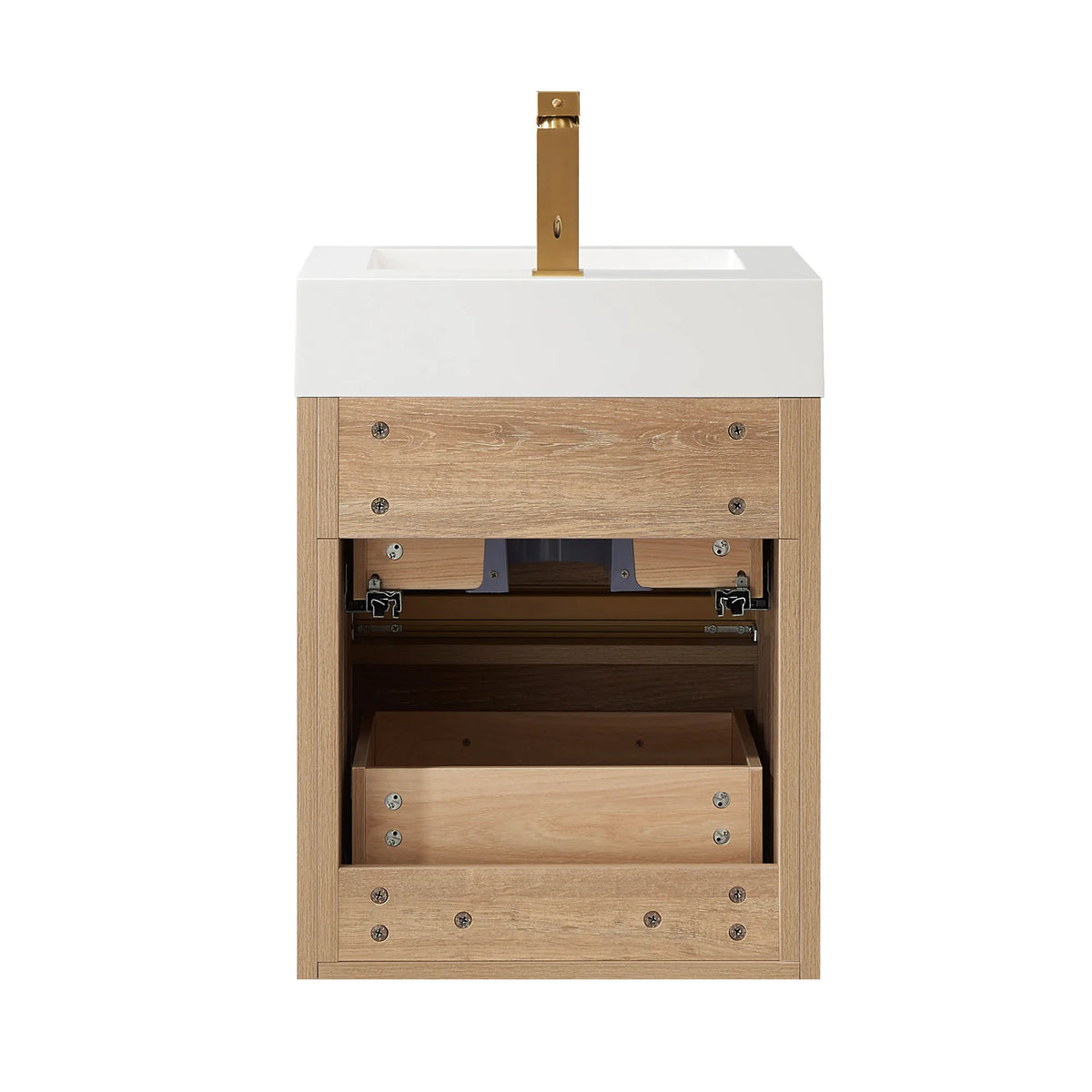 White-background shot of the cabinet opened from behind, gold faucet shown on top