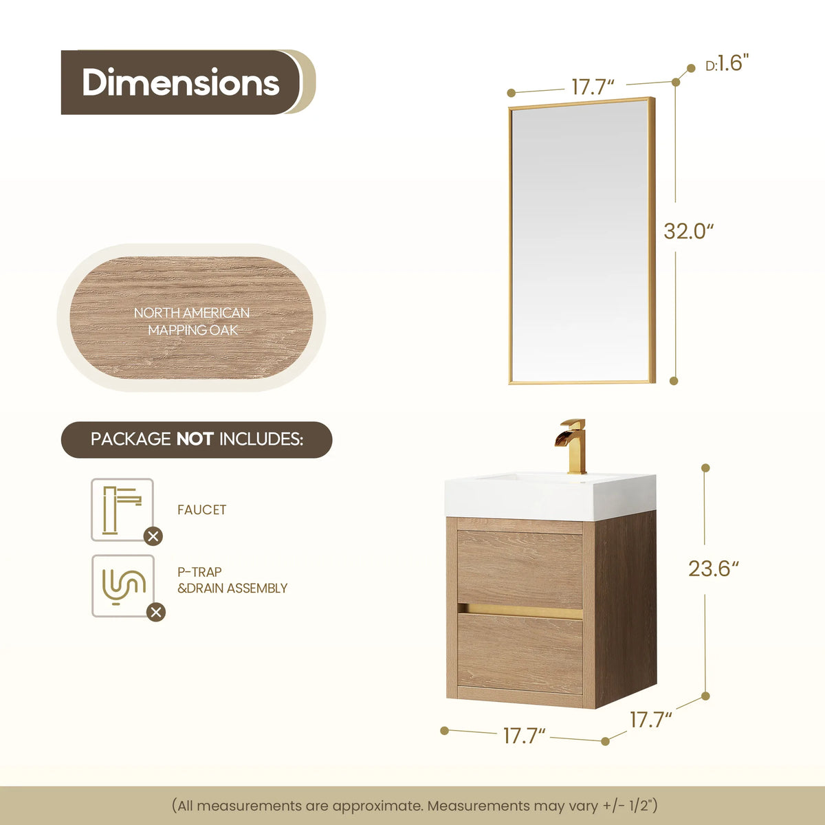 Measured layout of the 18 inch floating vanity under its mirror, cabinet 17.7 by 17.7 by 23.6 inches