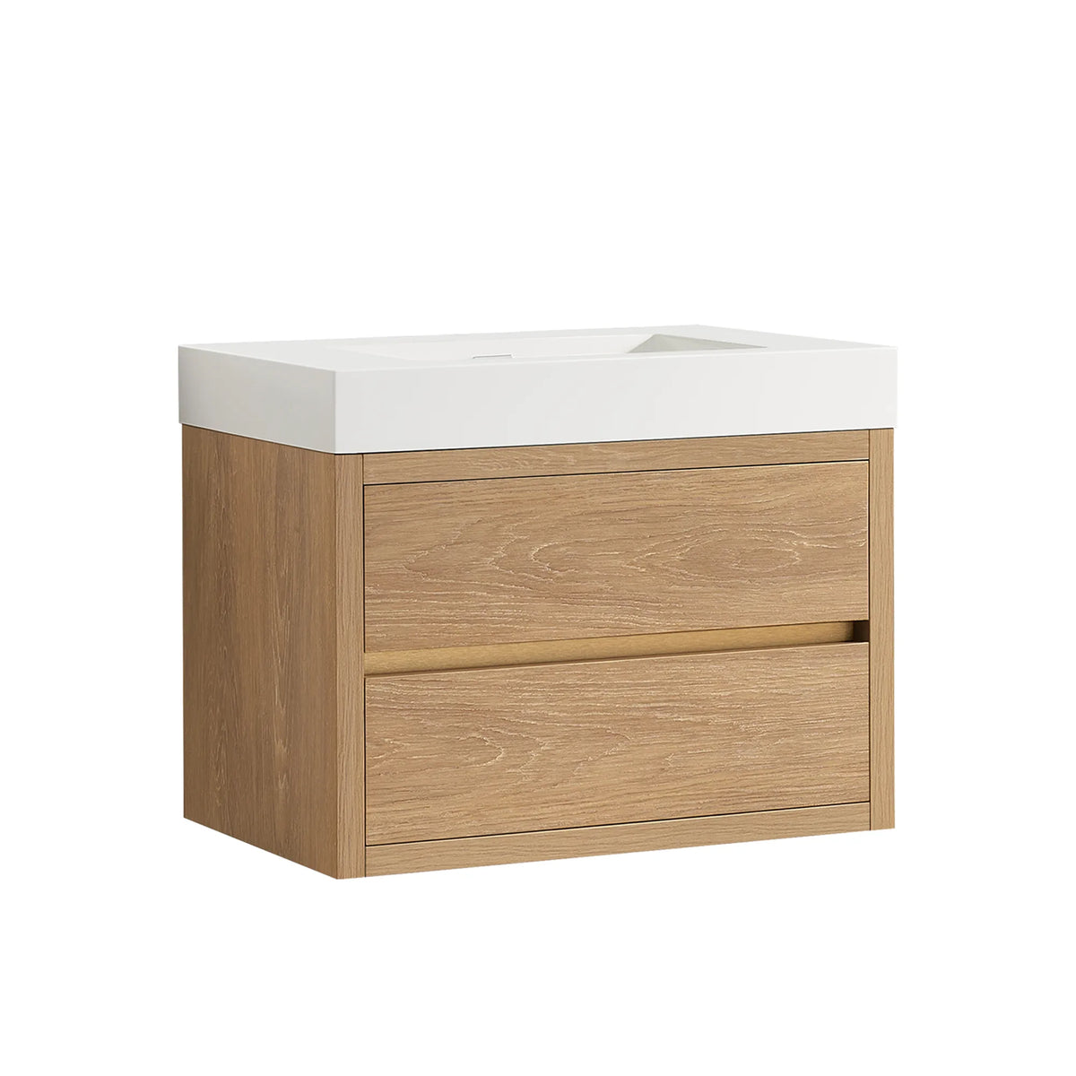 North American Oak 30 inch wall-mount single bathroom vanity, white integrated rectangular sink top, shown on white
