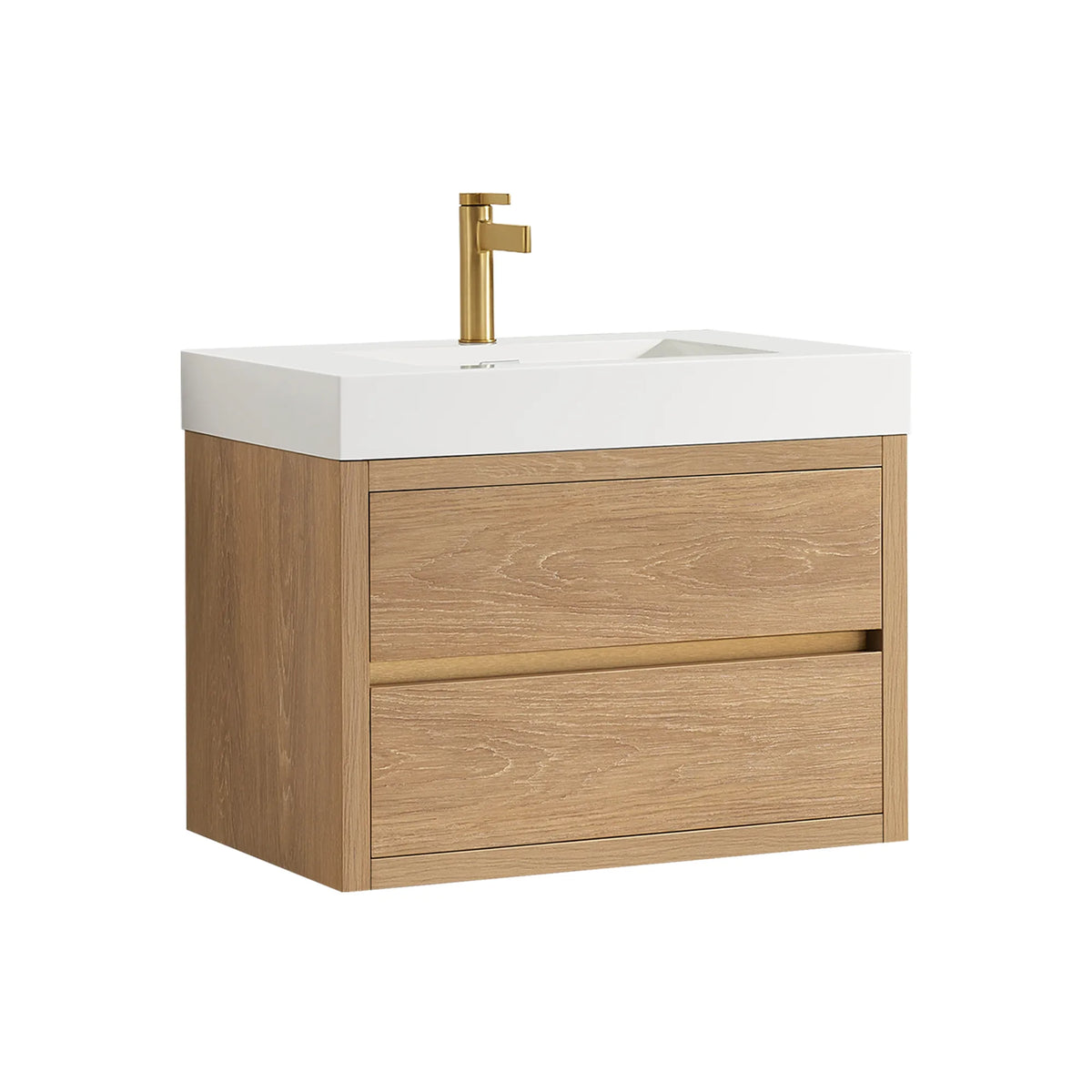 30 inch North American Oak floating vanity on white, a gold faucet shown on the integrated sink top
