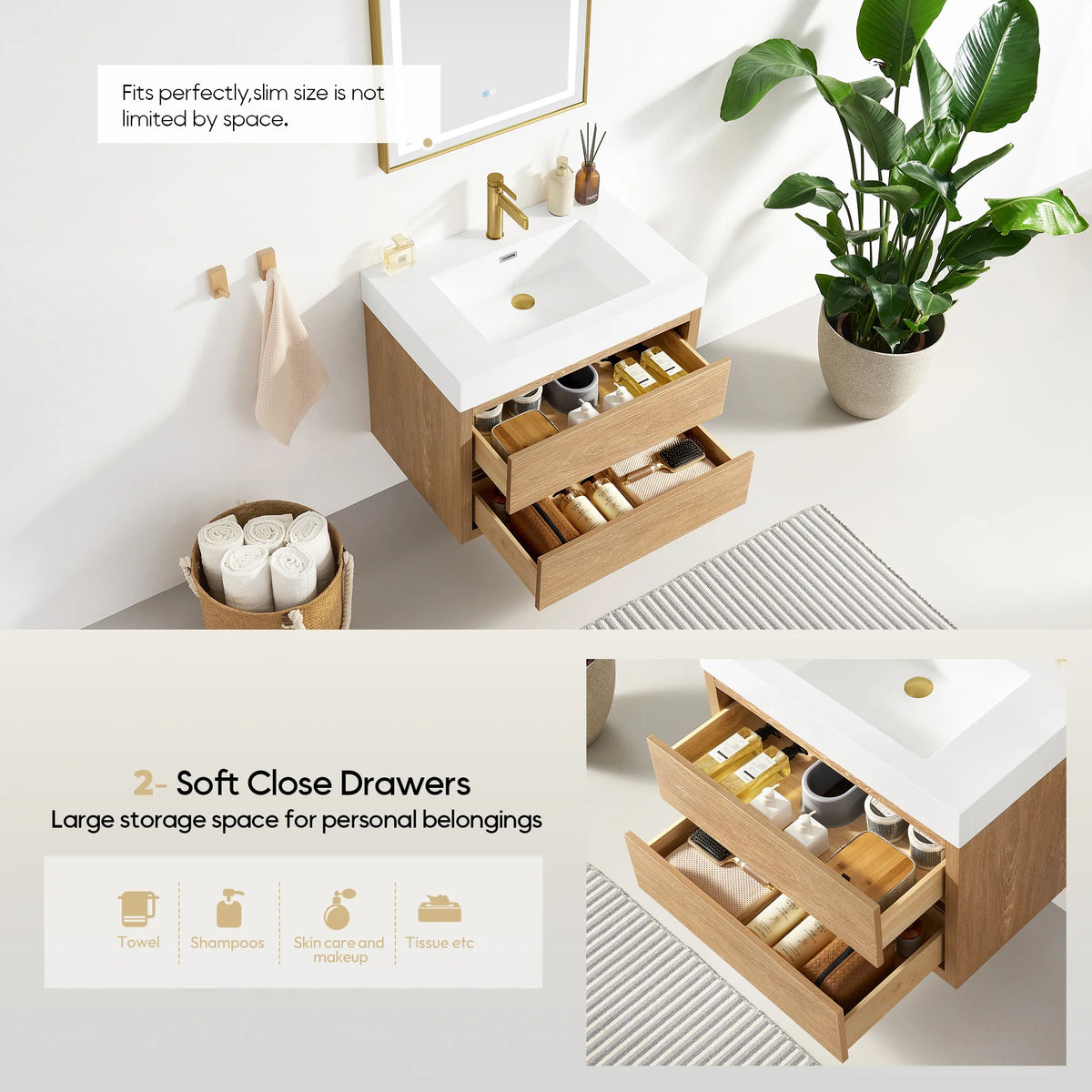 Soft-close drawer callout: the open drawers shown beside a room view of the 30 inch vanity