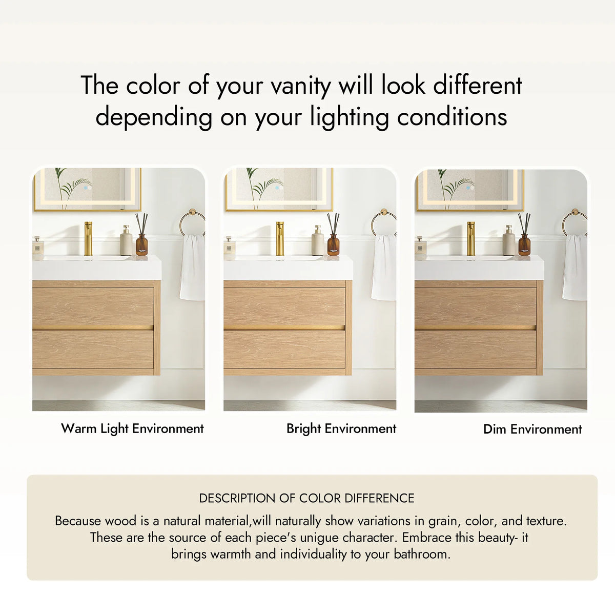 Color note in warm, bright and dim light, since wood can look different from piece to piece