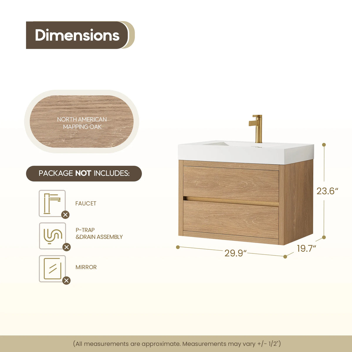 Size diagram for the 30 inch floating vanity: 29.9 inch width, 19.7 inch depth, 23.6 inch height