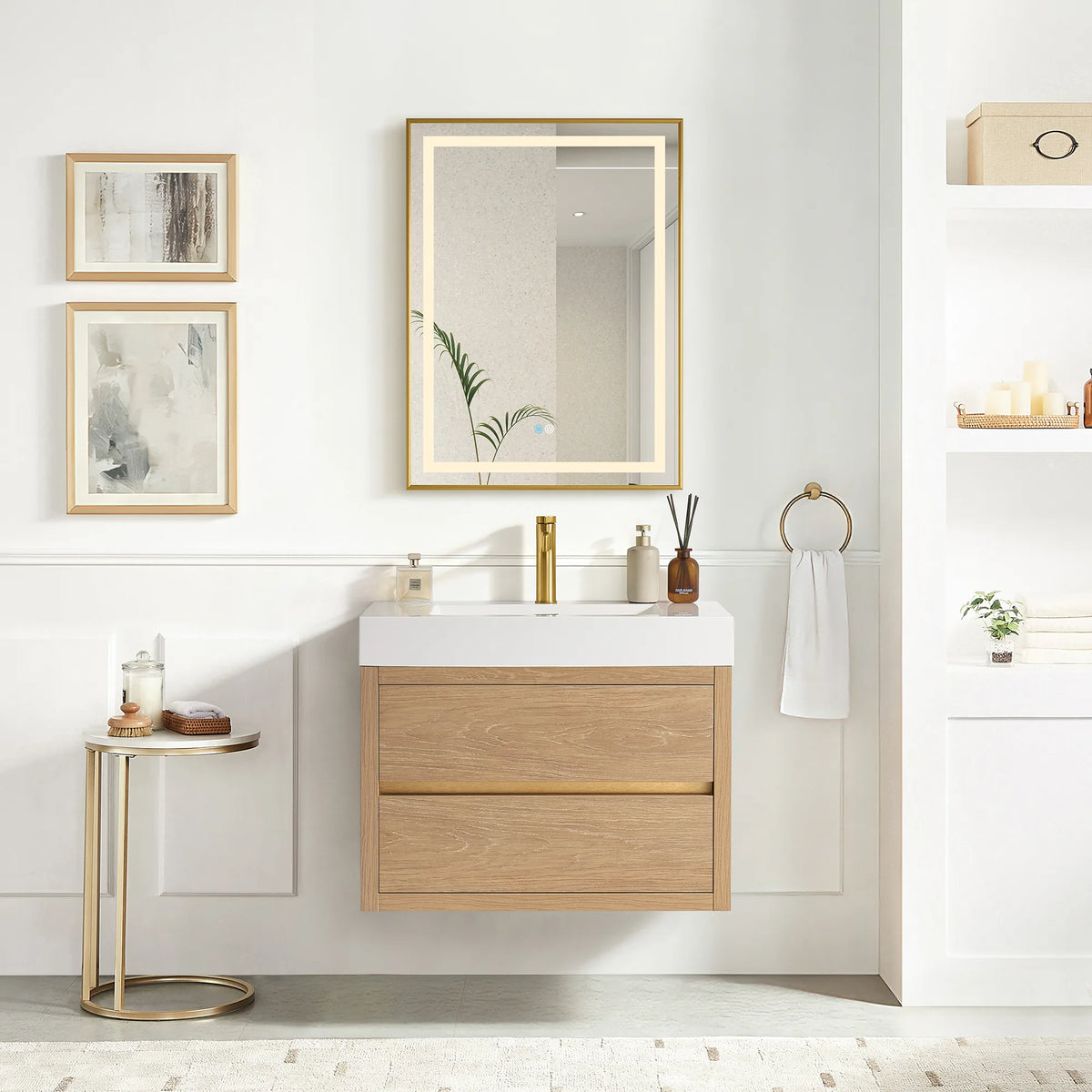 Wall-mount North American Oak vanity with an LED mirror and prints on the wall behind