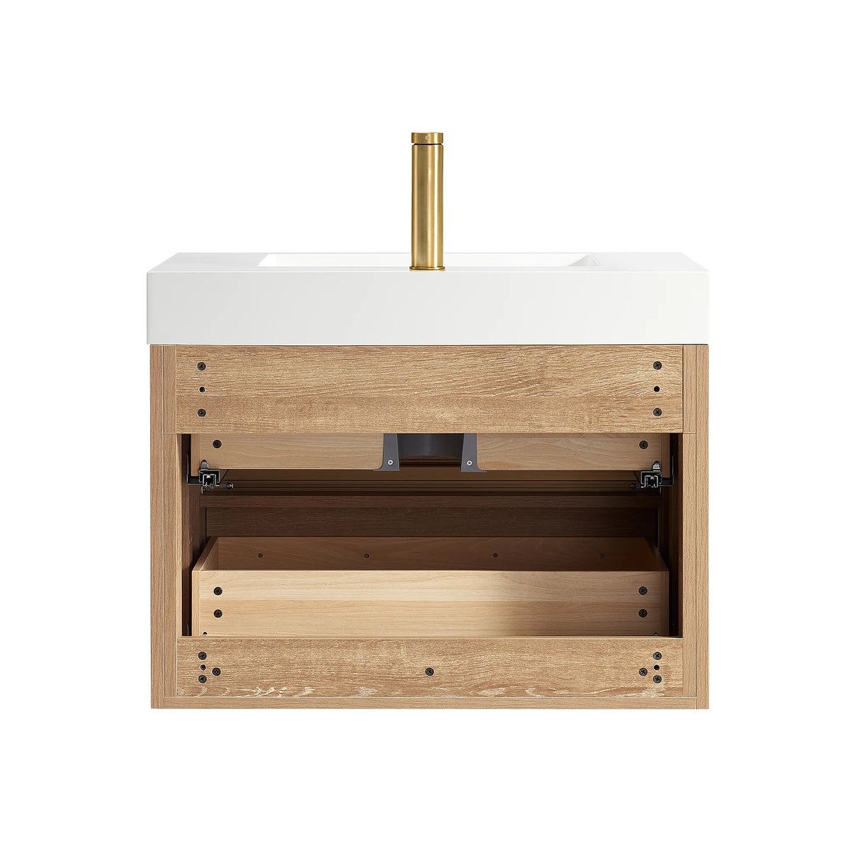 Back shot of the cabinet with its panel open, faucet displayed above the sink