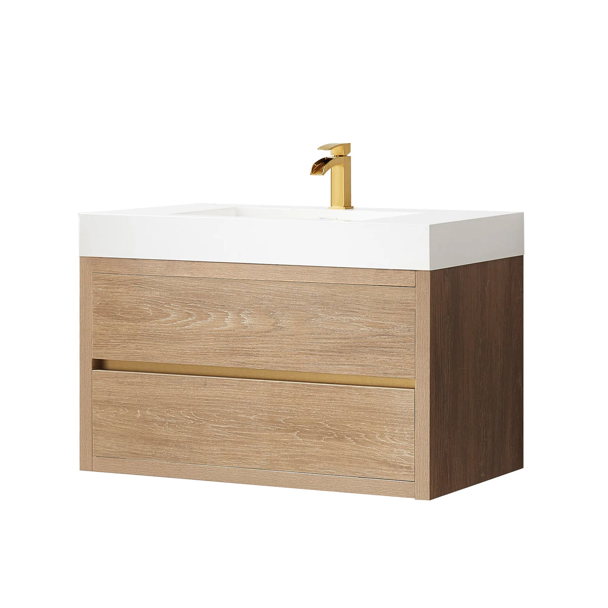 Cabinet in North American Oak and its white integrated sink top, shown on white with a faucet