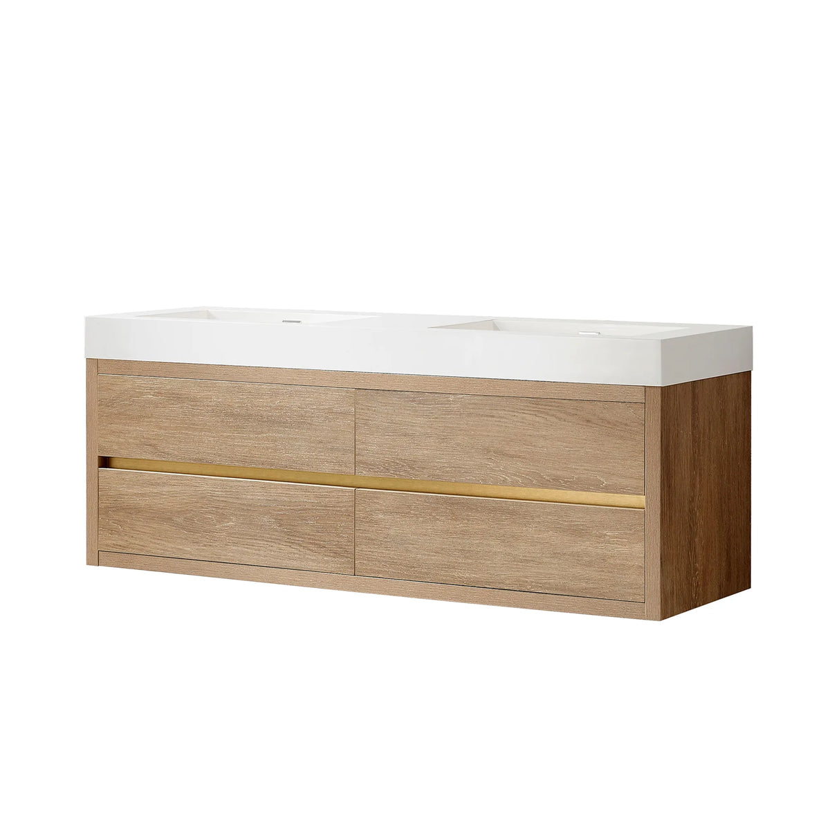 North American Oak 60 inch wall-mount double bathroom vanity with white integrated rectangular sink top, shown on white