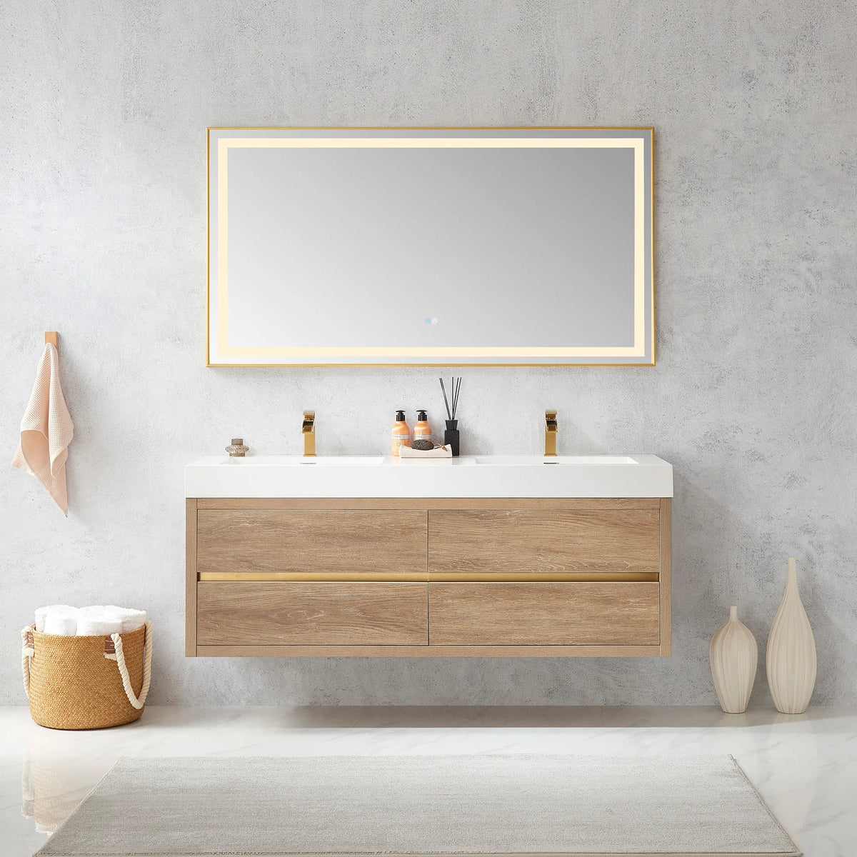 60 inch floating double sink vanity in North American Oak below one wide rectangular LED mirror, tall vases at its side