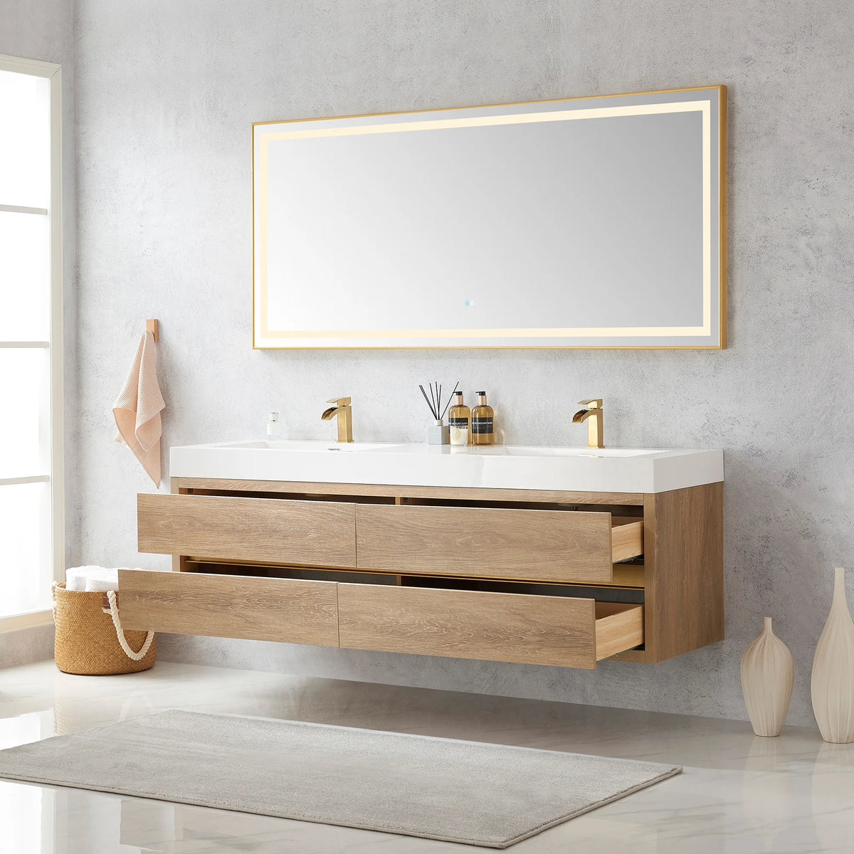Open soft-close drawers on the 72 inch North American Oak double vanity beneath the LED mirror