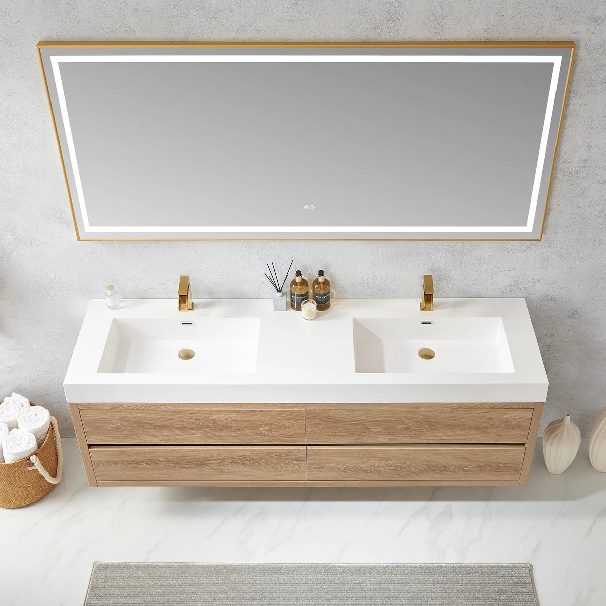 Detail of the integrated double basins and cabinet front, a basket at the left edge