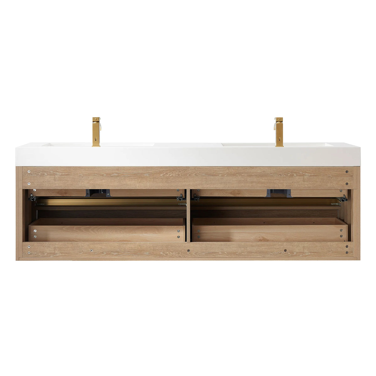 Rear view with the back panel open and faucets standing on the top