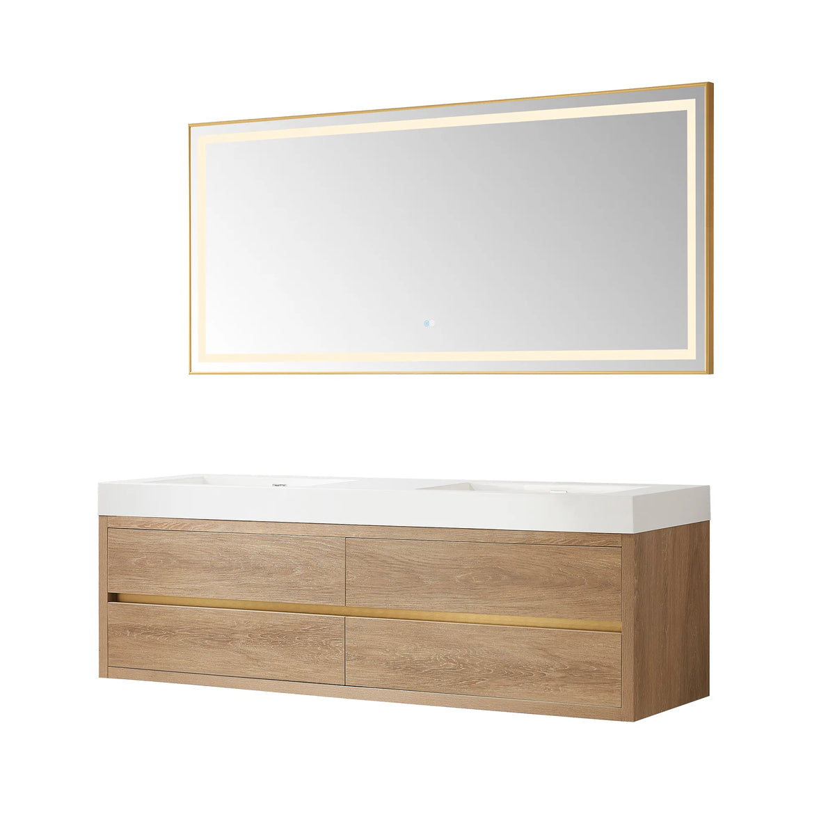 72 inch wall-mount double vanity with one rectangular LED mirror in an aluminum frame, on a white background