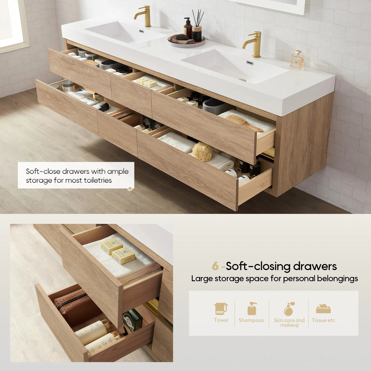 Soft-close drawer callout: wide open drawers above and an inset of drawer storage