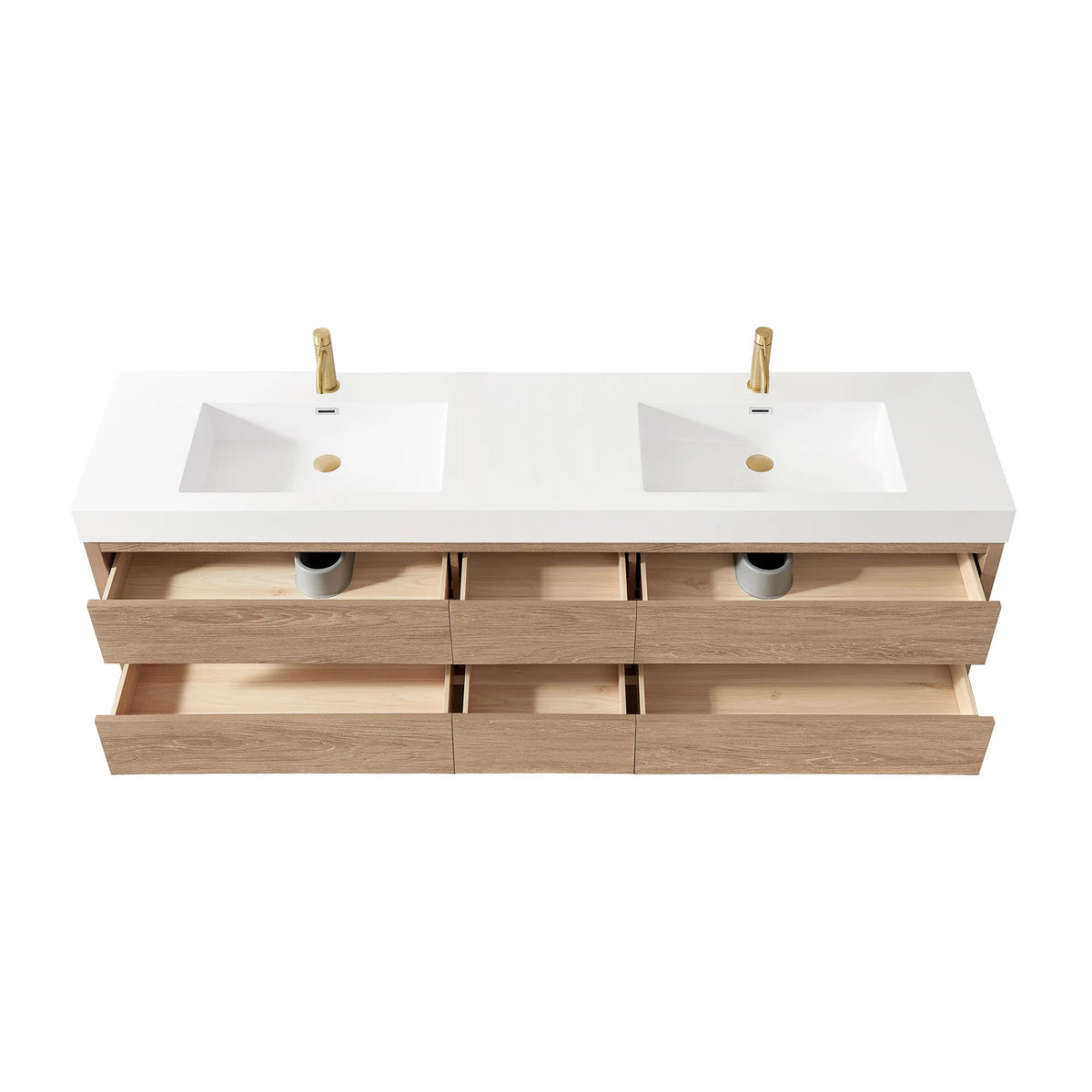White-background shot of the 84 inch double vanity with its drawer fronts open, basins and faucets on top