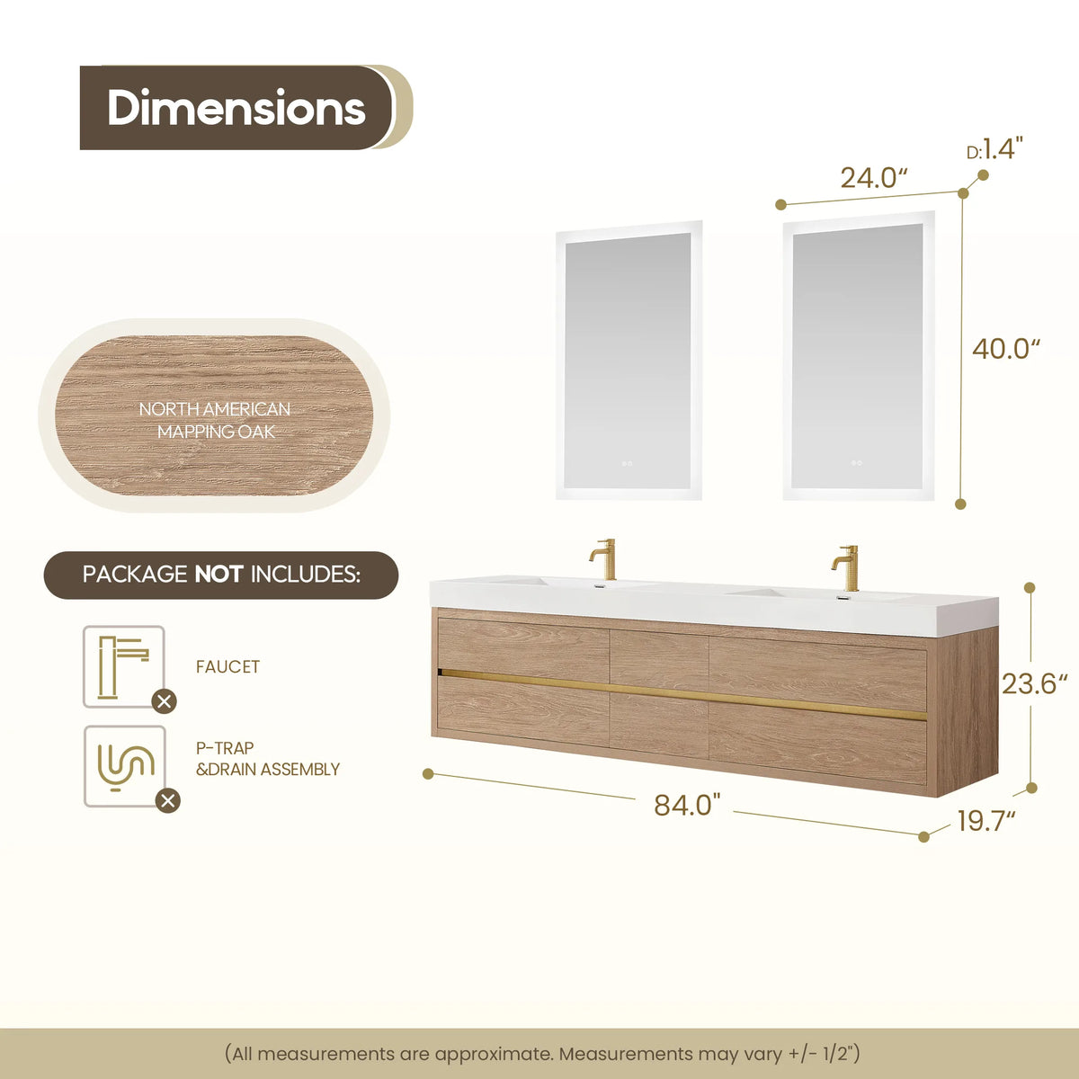 Layout of the 84 inch floating double vanity and its two mirrors, cabinet 84 by 19.7 by 23.6 inches