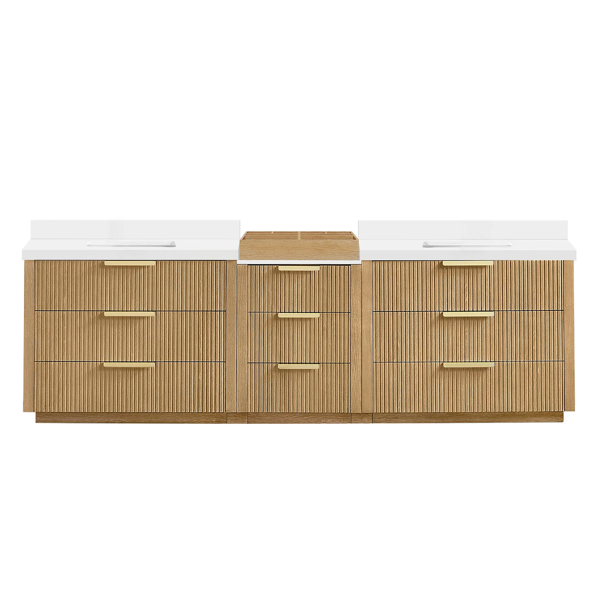 Washed Ash Grey double bathroom vanity, 108 inch, free-standing with a pure white quartz countertop and backsplash