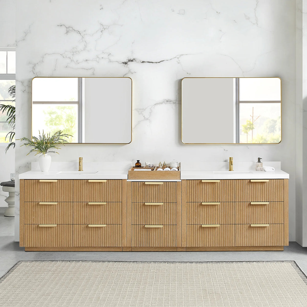 Mirrors on the wall above the 120 inch Washed Ash Grey double vanity in a bathroom