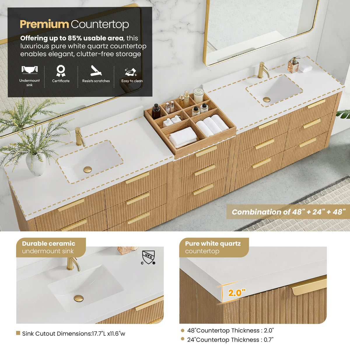 Quartz top graphic for the 120 inch Washed Ash Grey vanity, built from 48, 24 and 48 inch parts, with sink details