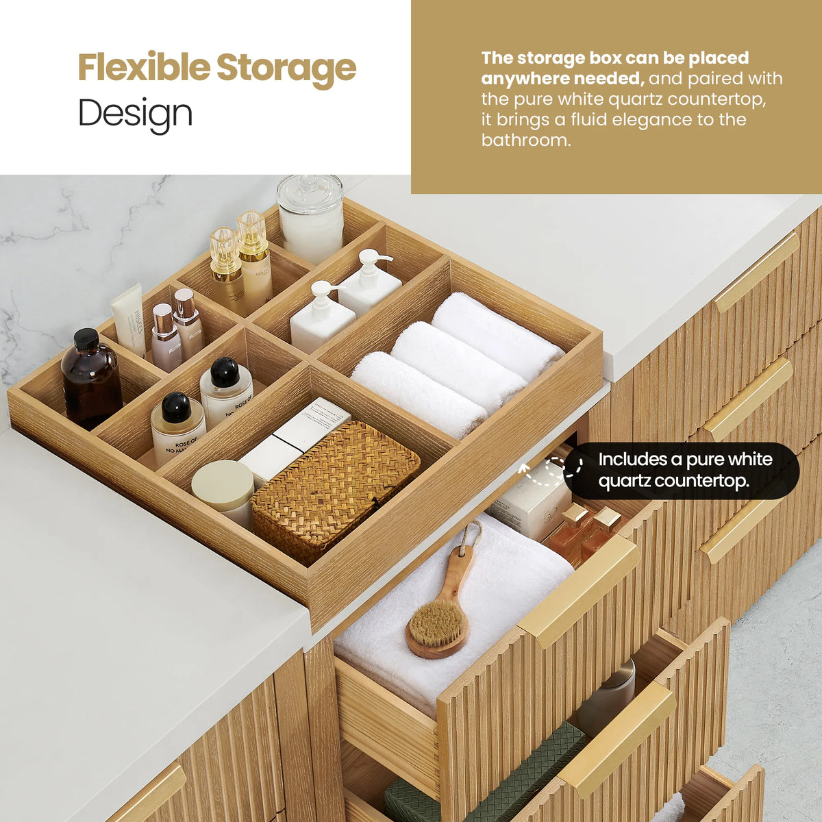 Flexible storage graphic: a divided box on the quartz top of the Washed Ash Grey vanity