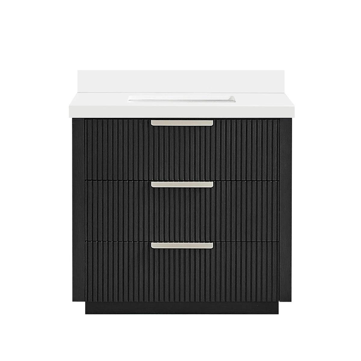 Oak Weathered Black single bathroom vanity, 36 inch, free-standing with a pure white quartz countertop and backsplash