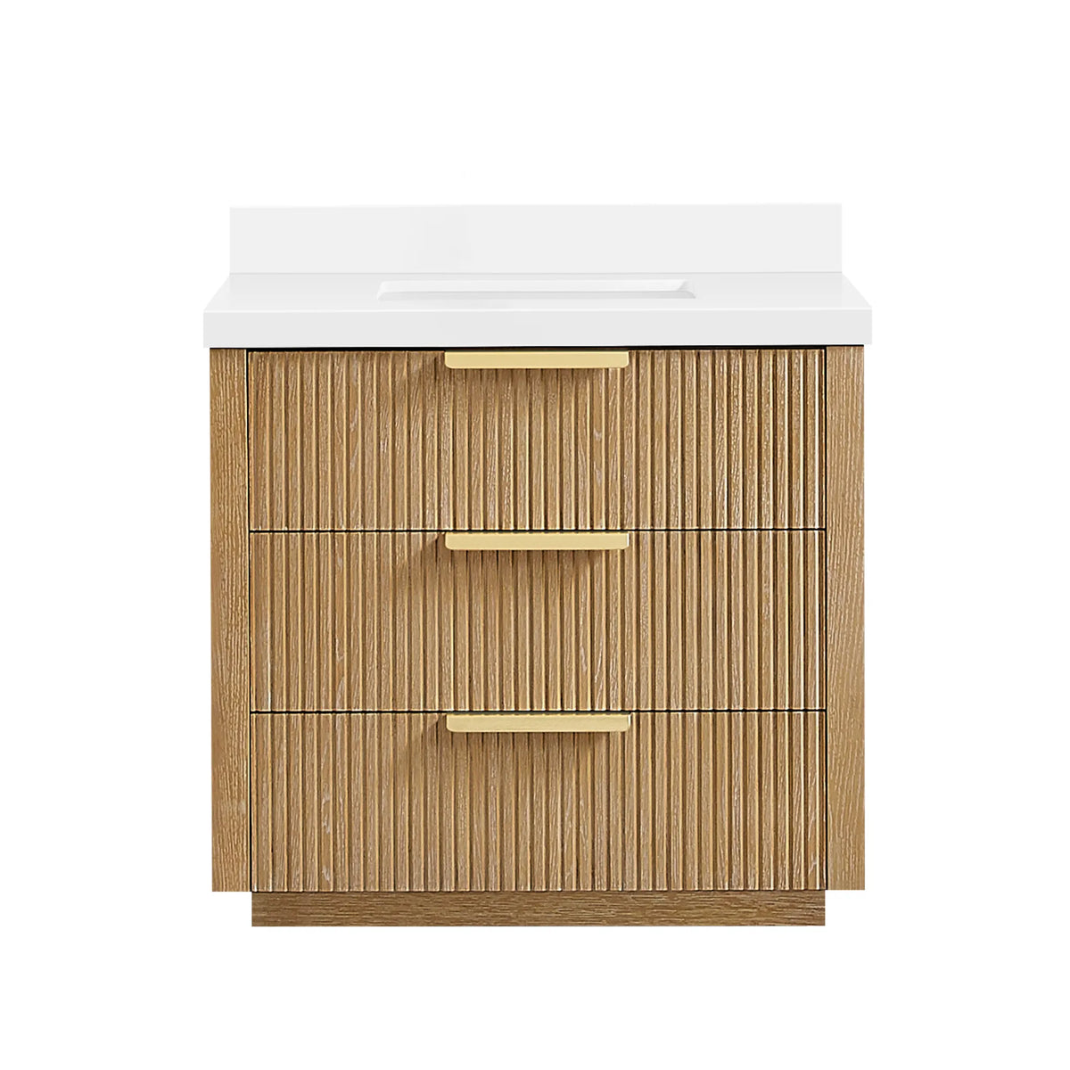 Washed Ash Grey single bathroom vanity, 36 inch, free-standing with a pure white quartz countertop and backsplash