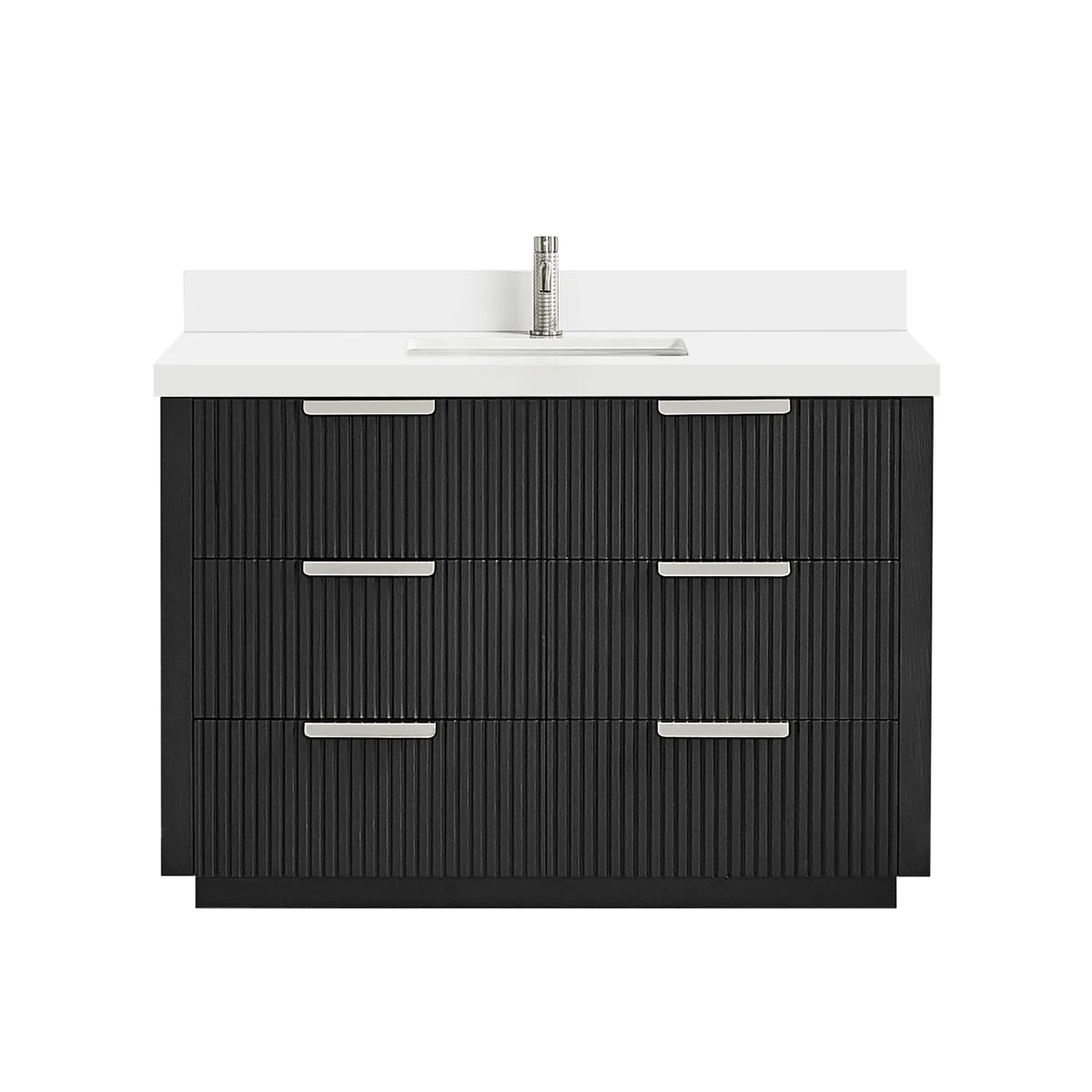 48 inch single vanity in Oak Weathered Black with brushed nickel handles, white background, faucet pictured but not included