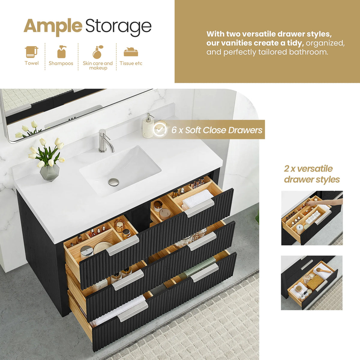 Storage graphic for the Oak Weathered Black vanity, open drawers with compartment inserts, 48 inch single