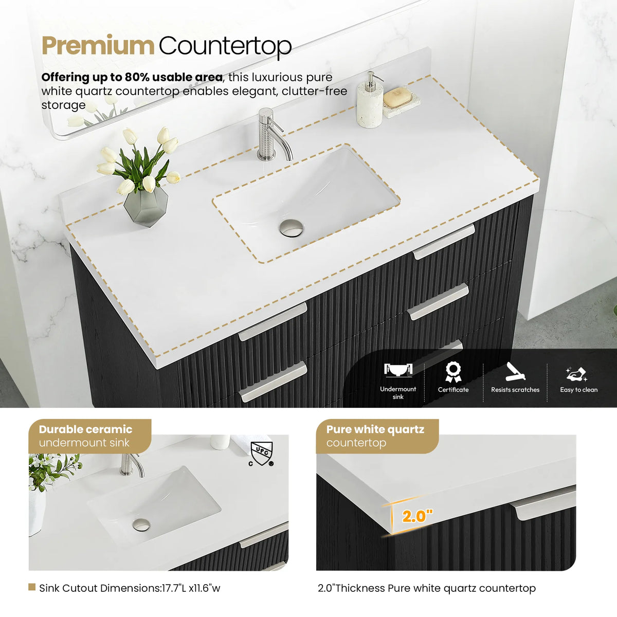 Countertop graphic: pure white quartz with backsplash and ceramic undermount sink on the 48 inch Oak Weathered Black vanity