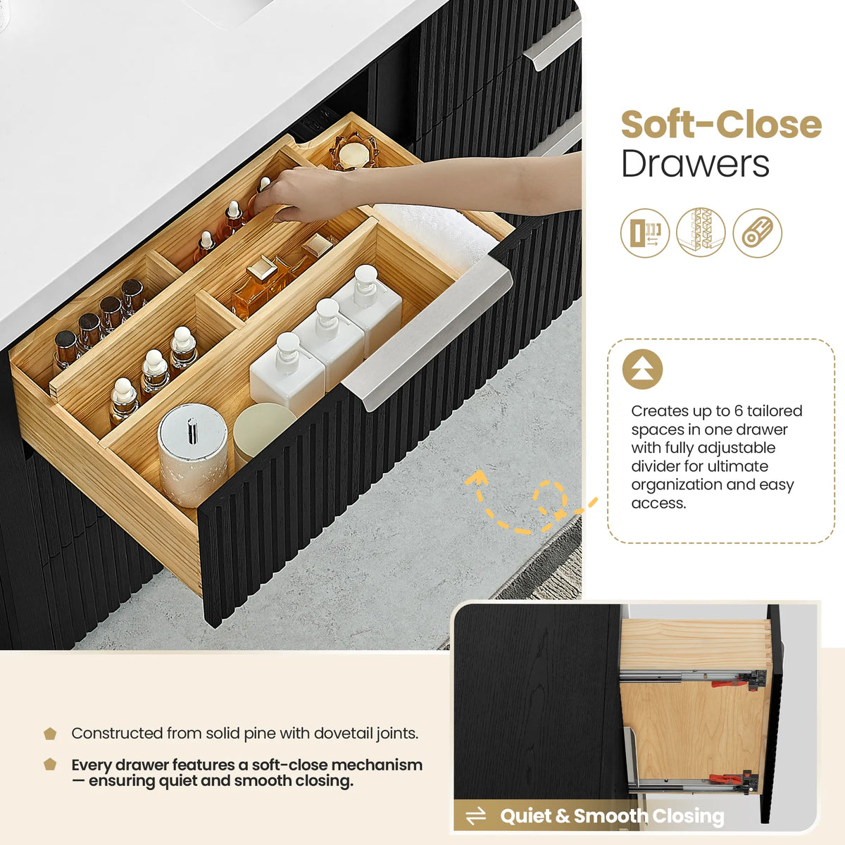 Open drawer with sliding dividers and a hand placing items, 48 inch Oak Weathered Black vanity