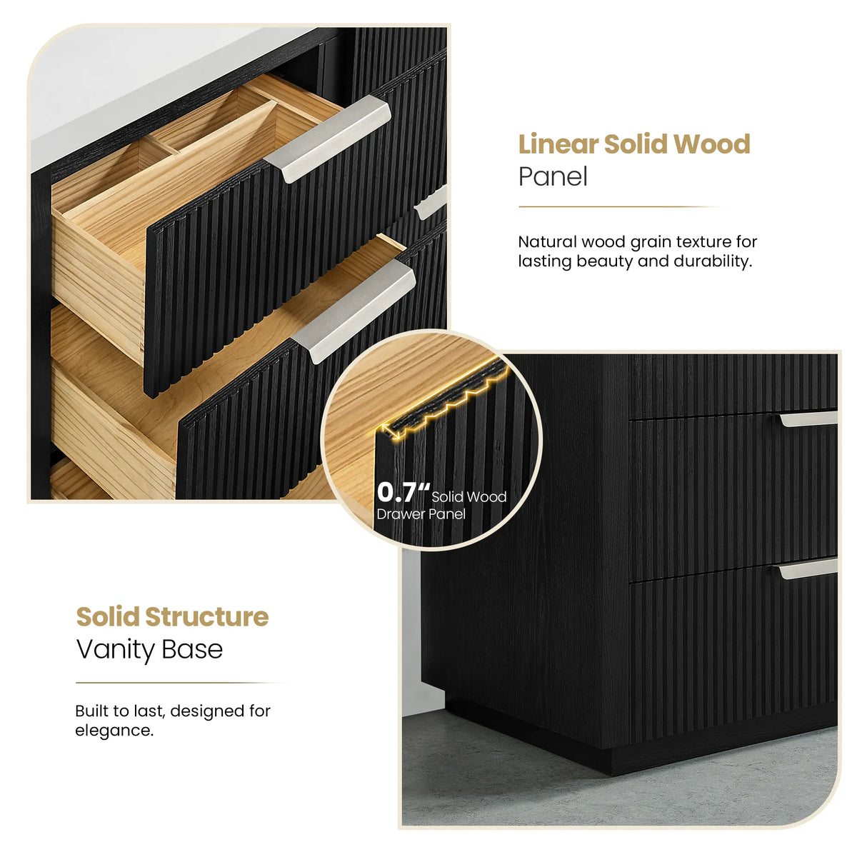 Cutaway callout of a fluted solid wood drawer front on the Oak Weathered Black vanity, 48 inch single