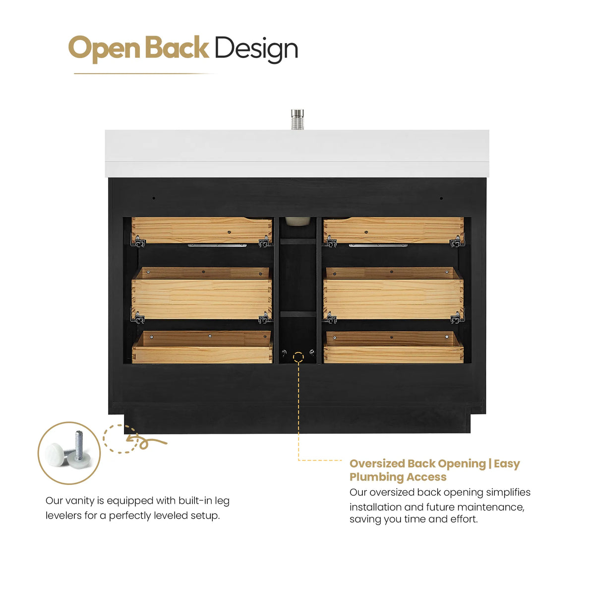 Back-of-cabinet graphic for the 48 inch Oak Weathered Black single vanity, a large opening that eases plumbing hookup