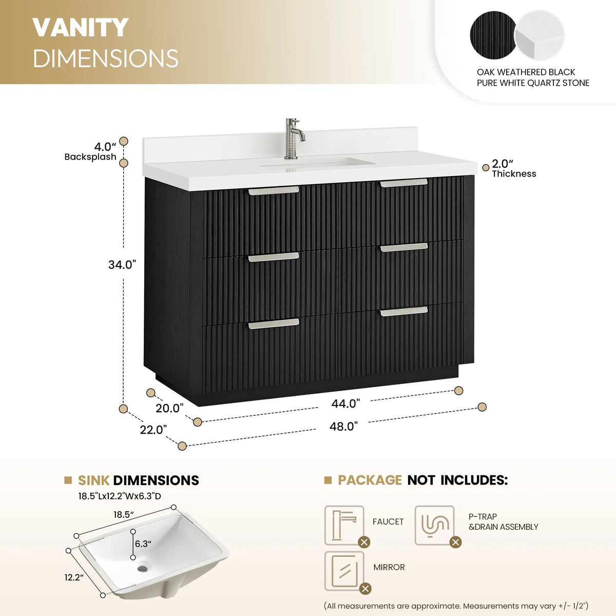 Measurement diagram for the 48 inch Oak Weathered Black single vanity, with sink size and the items not included