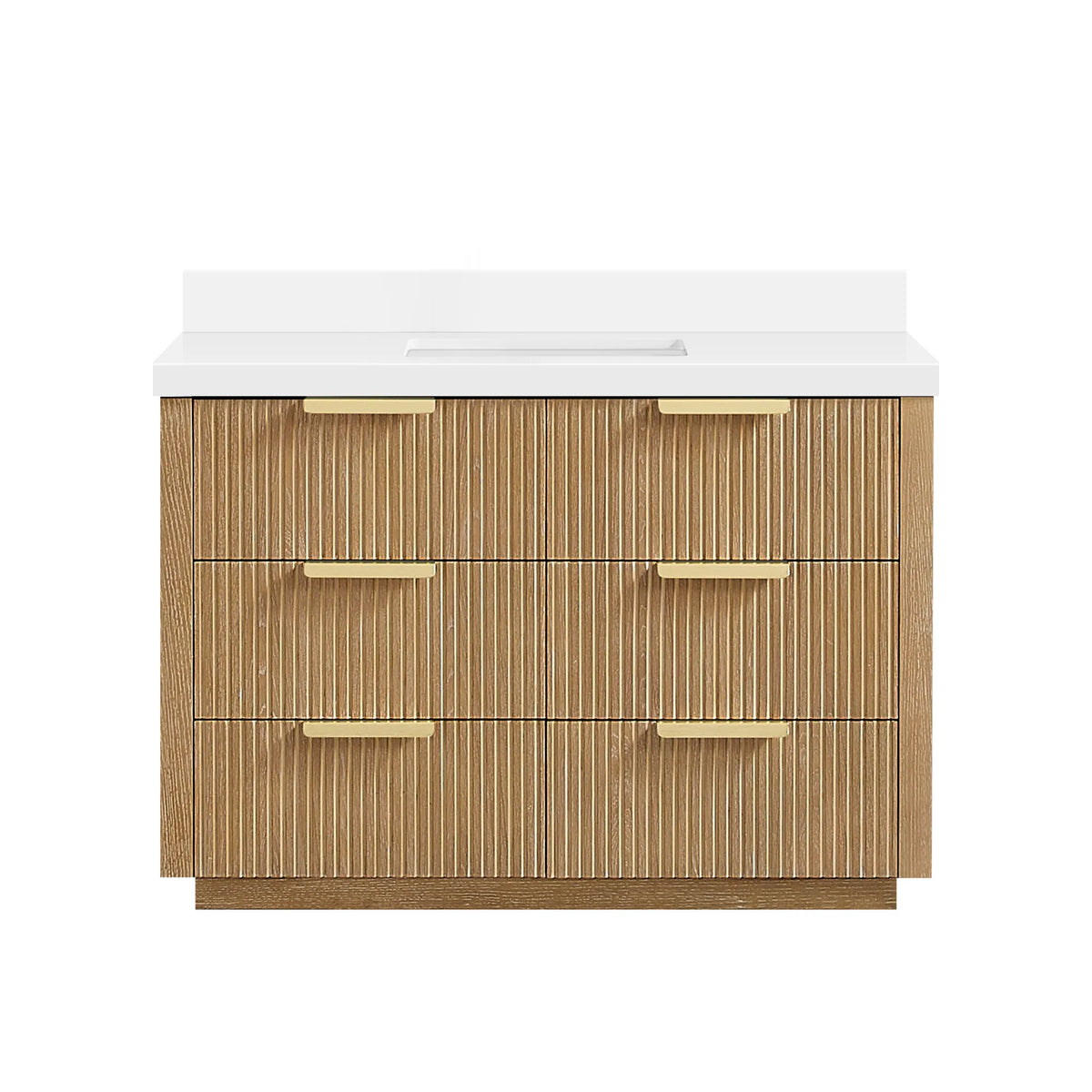 Washed Ash Grey single bathroom vanity, 48 inch, free-standing with a pure white quartz countertop and backsplash