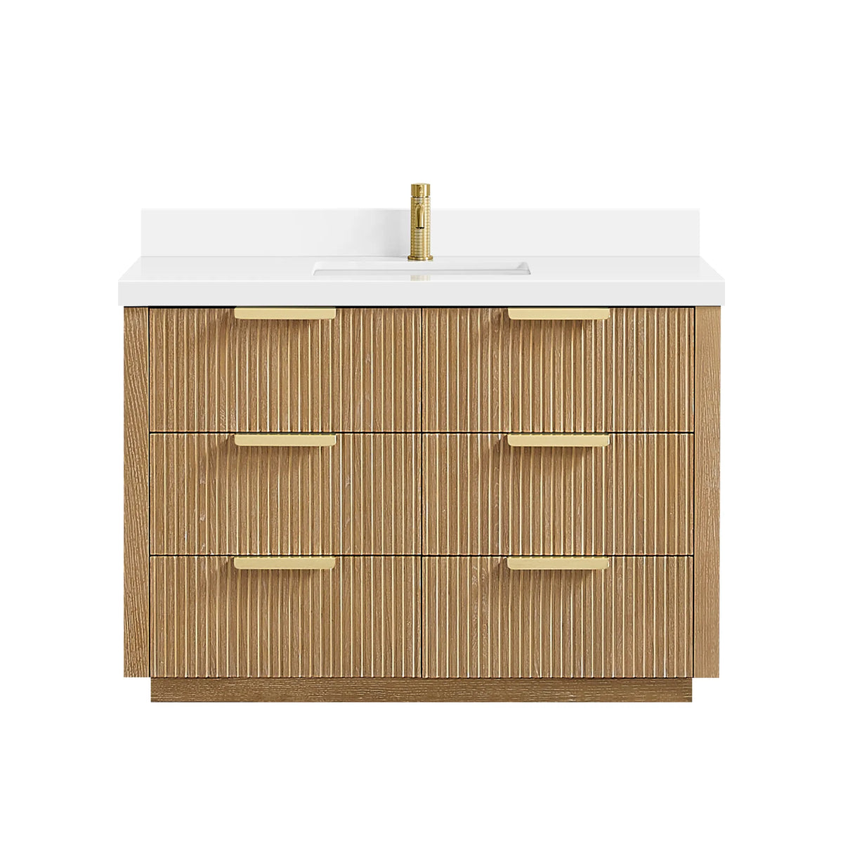 48 inch single vanity in Washed Ash Grey with brushed gold handles, white background, faucet pictured but not included