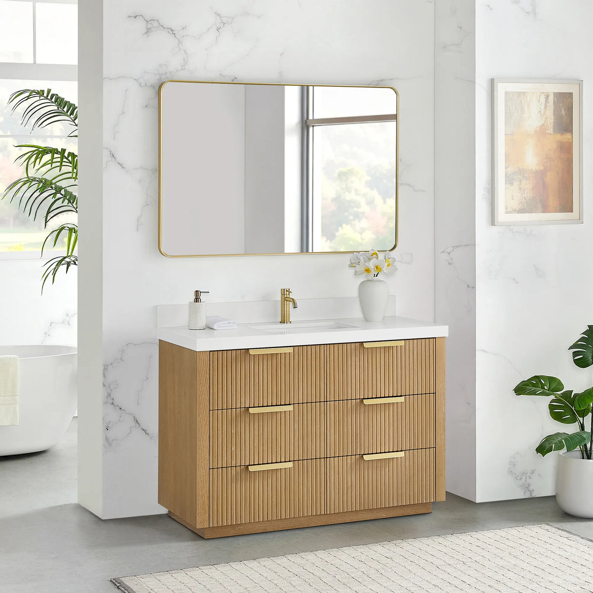 Room view showing the Washed Ash Grey single vanity, 48 inch wide, with its quartz top and mirror above
