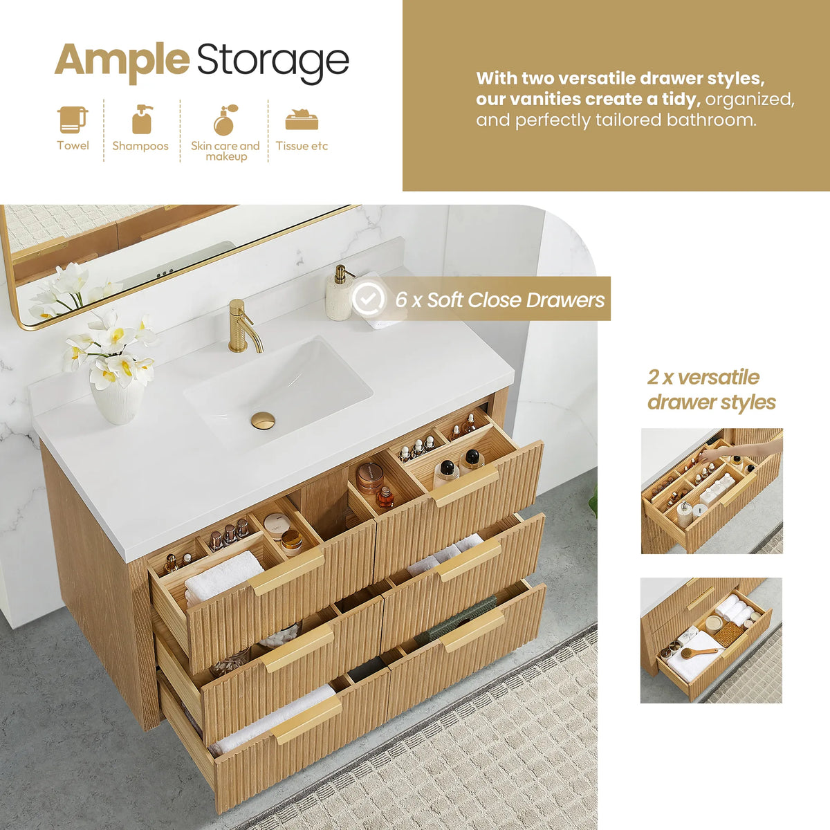 Storage graphic for the Washed Ash Grey vanity, open drawers with compartment inserts, 48 inch single