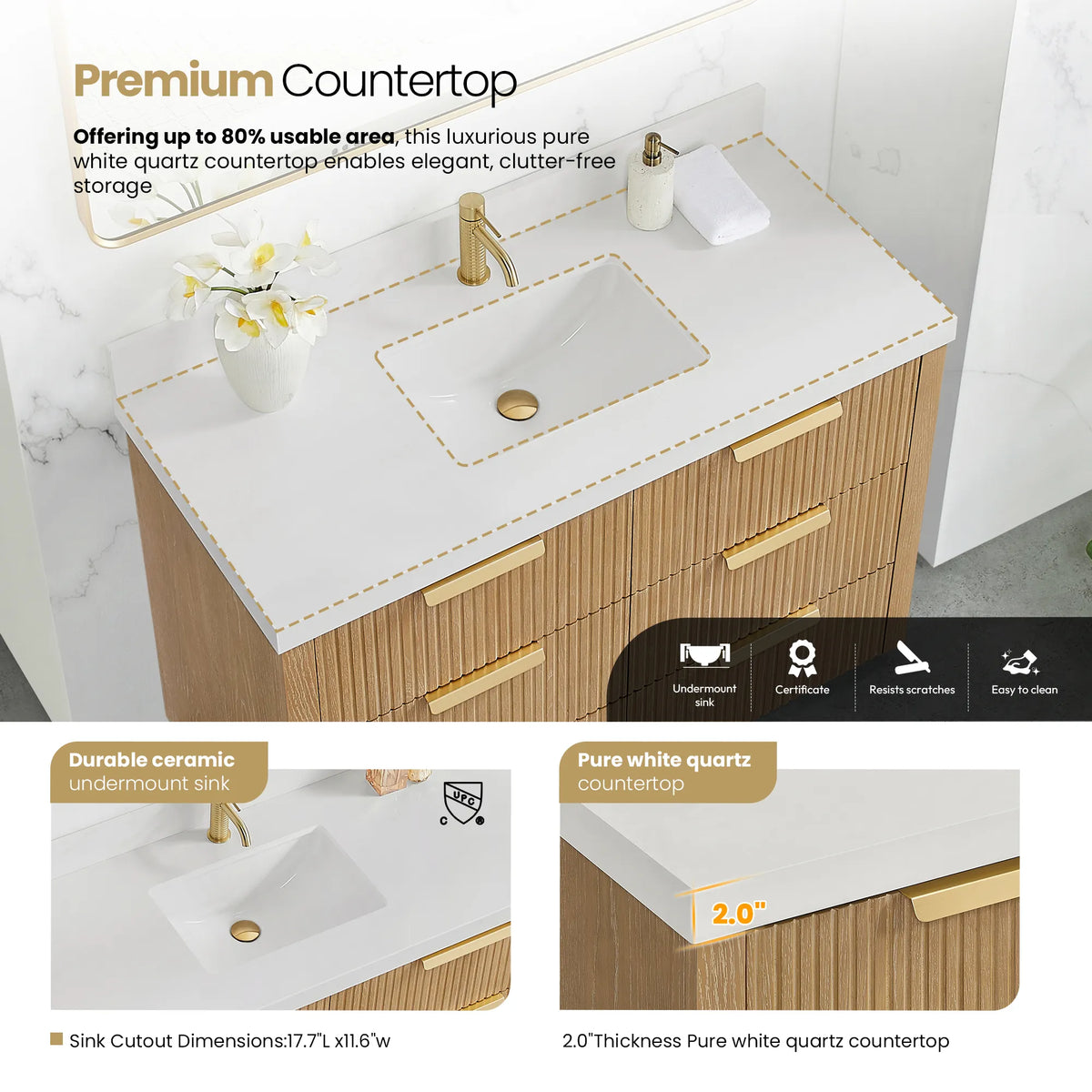 Countertop graphic: pure white quartz with backsplash and ceramic undermount sink on the 48 inch Washed Ash Grey vanity