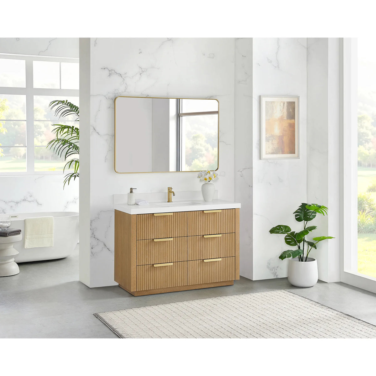 48 inch Washed Ash Grey single vanity seen from across a bright bathroom