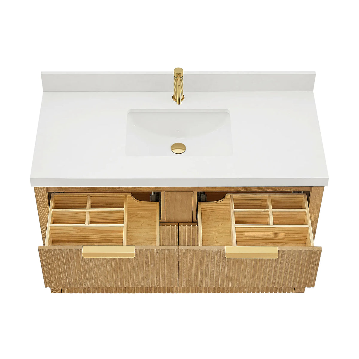 48 inch Washed Ash Grey vanity on white with an open drawer and compartment trays