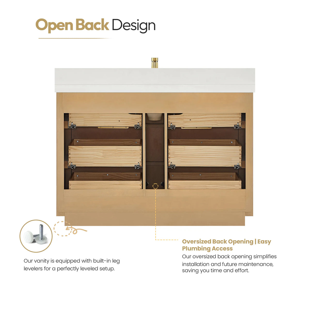 Back-of-cabinet graphic for the 48 inch Washed Ash Grey single vanity, a large opening that eases plumbing hookup