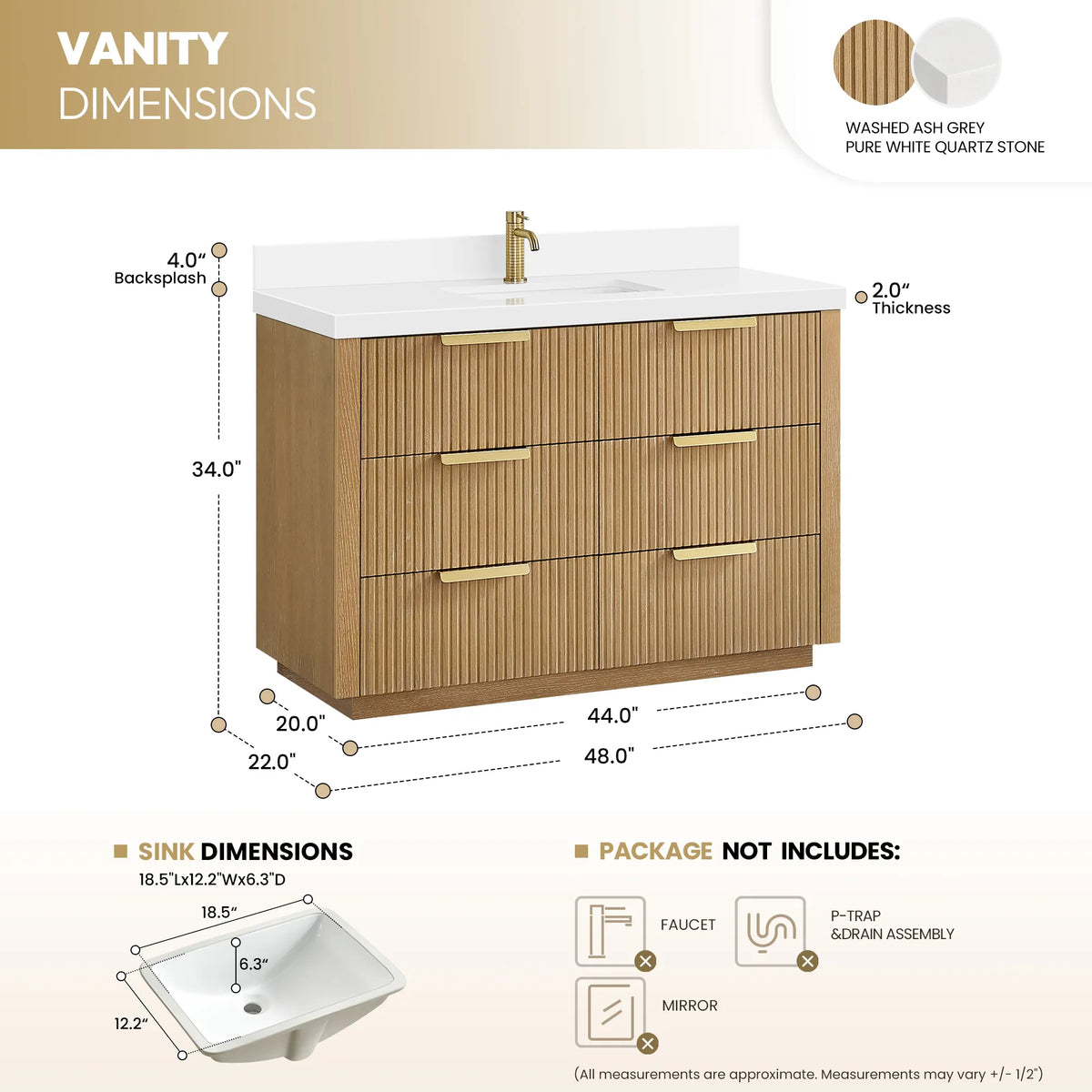 Measurement diagram for the 48 inch Washed Ash Grey single vanity, with sink size and the items not included