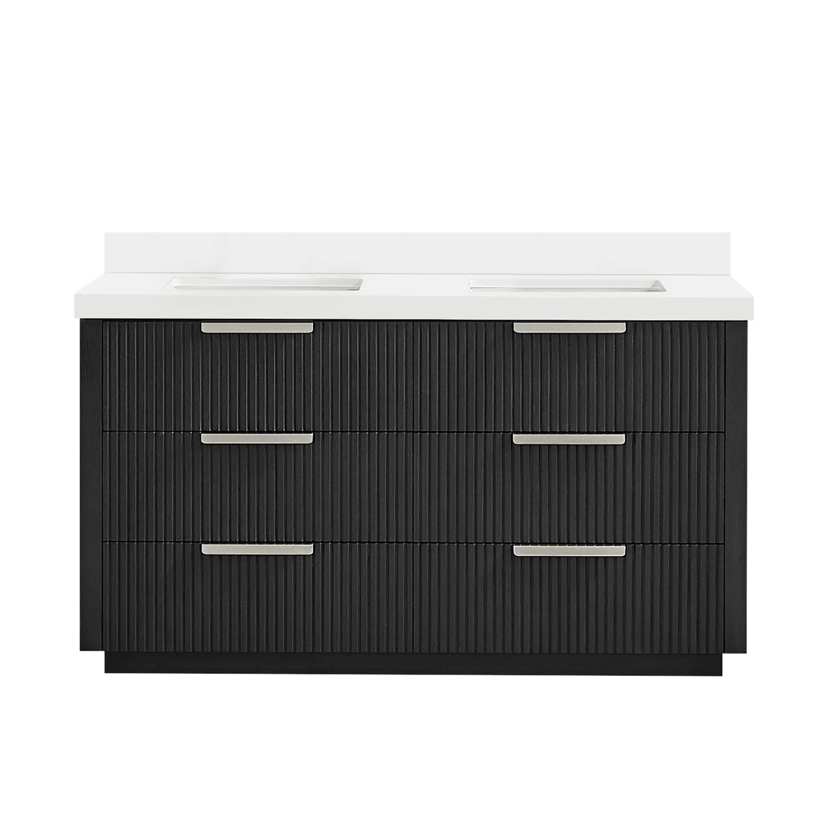Oak Weathered Black double bathroom vanity, 60 inch, free-standing with a pure white quartz countertop and backsplash