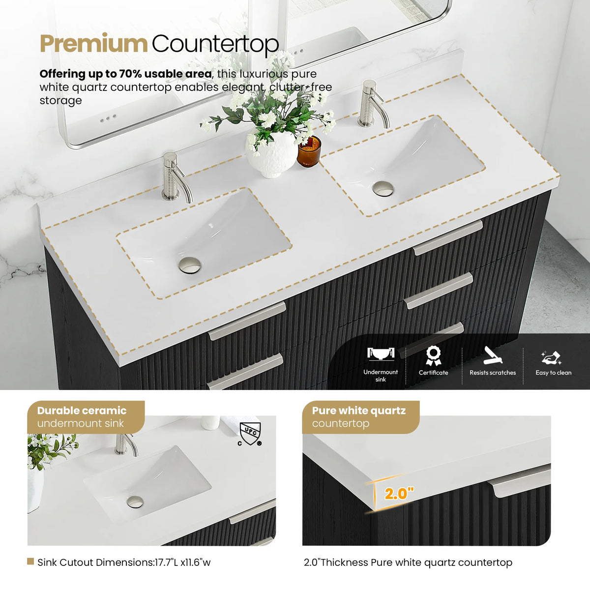 Countertop graphic: pure white quartz with backsplash and ceramic undermount sink on the 60 inch Oak Weathered Black vanity