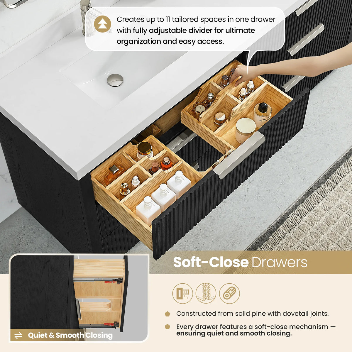 Open drawer with sliding dividers and a hand placing items, 60 inch Oak Weathered Black vanity