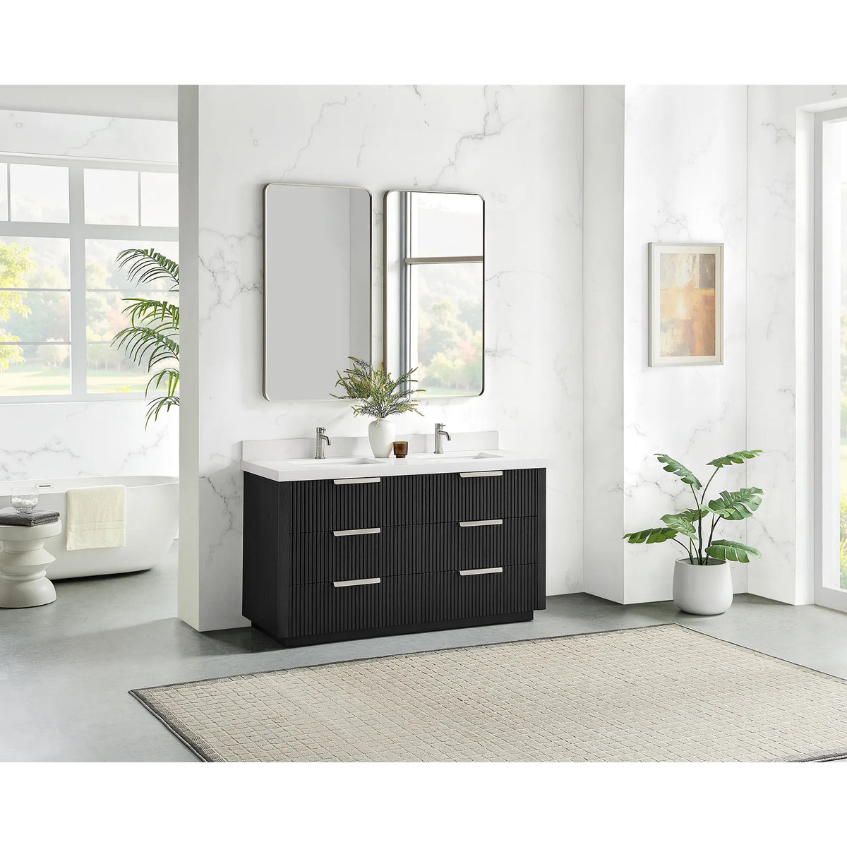 60 inch Oak Weathered Black double vanity seen from across a bright bathroom