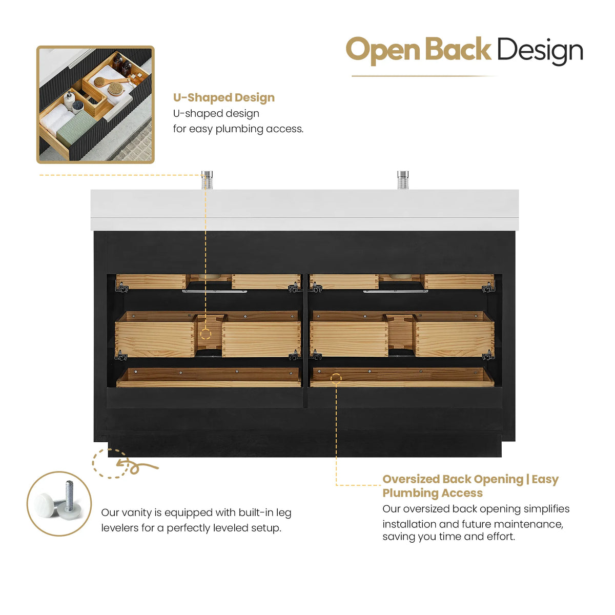 Back-of-cabinet graphic for the 60 inch Oak Weathered Black double vanity, a large opening that eases plumbing hookup