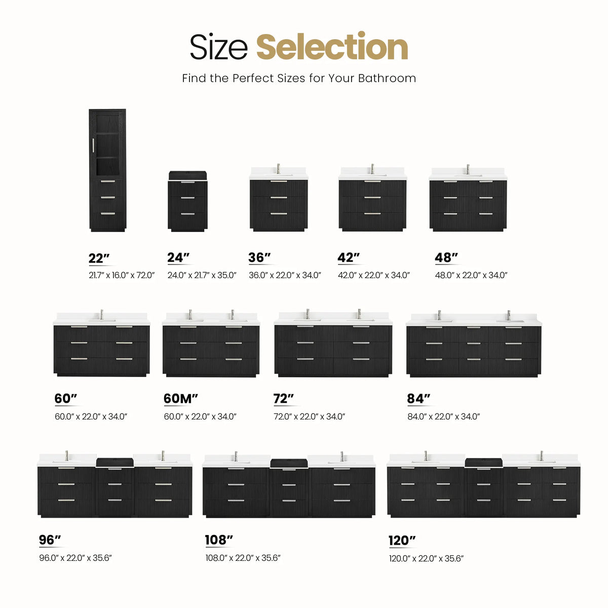 Sizing graphic of every 60 inch Oak Weathered Black vanity and cabinet width in the collection